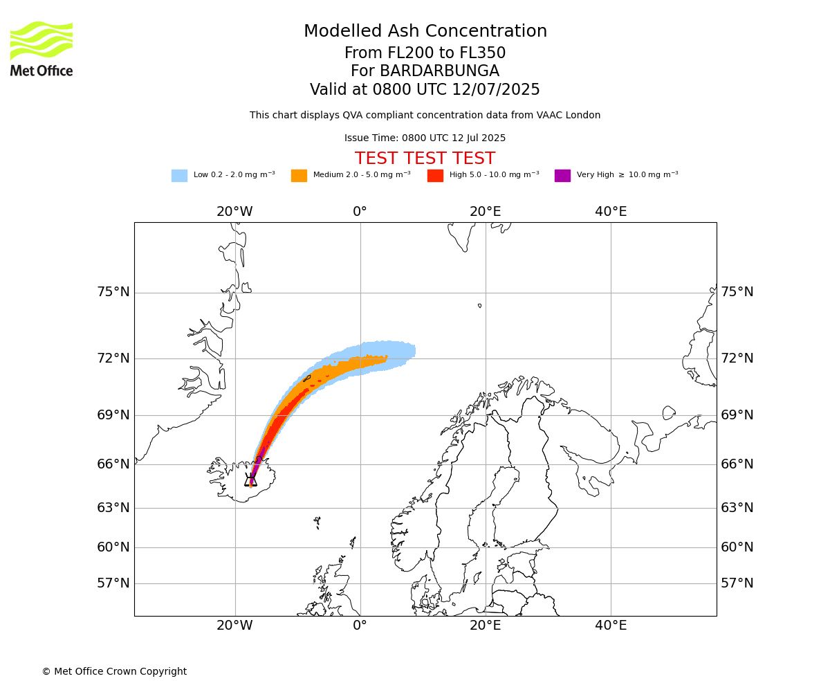 Modelled ash concentration from 200 to 350 for BARDARBUNGA. Valid at 0800 UTC 12/07/2025