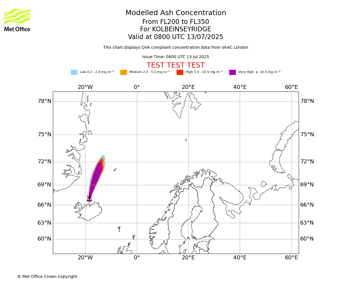 Modelled ash concentration from 200 to 350 for KOLBEINSEYRIDGE. Valid at 0800 UTC 13/07/2025