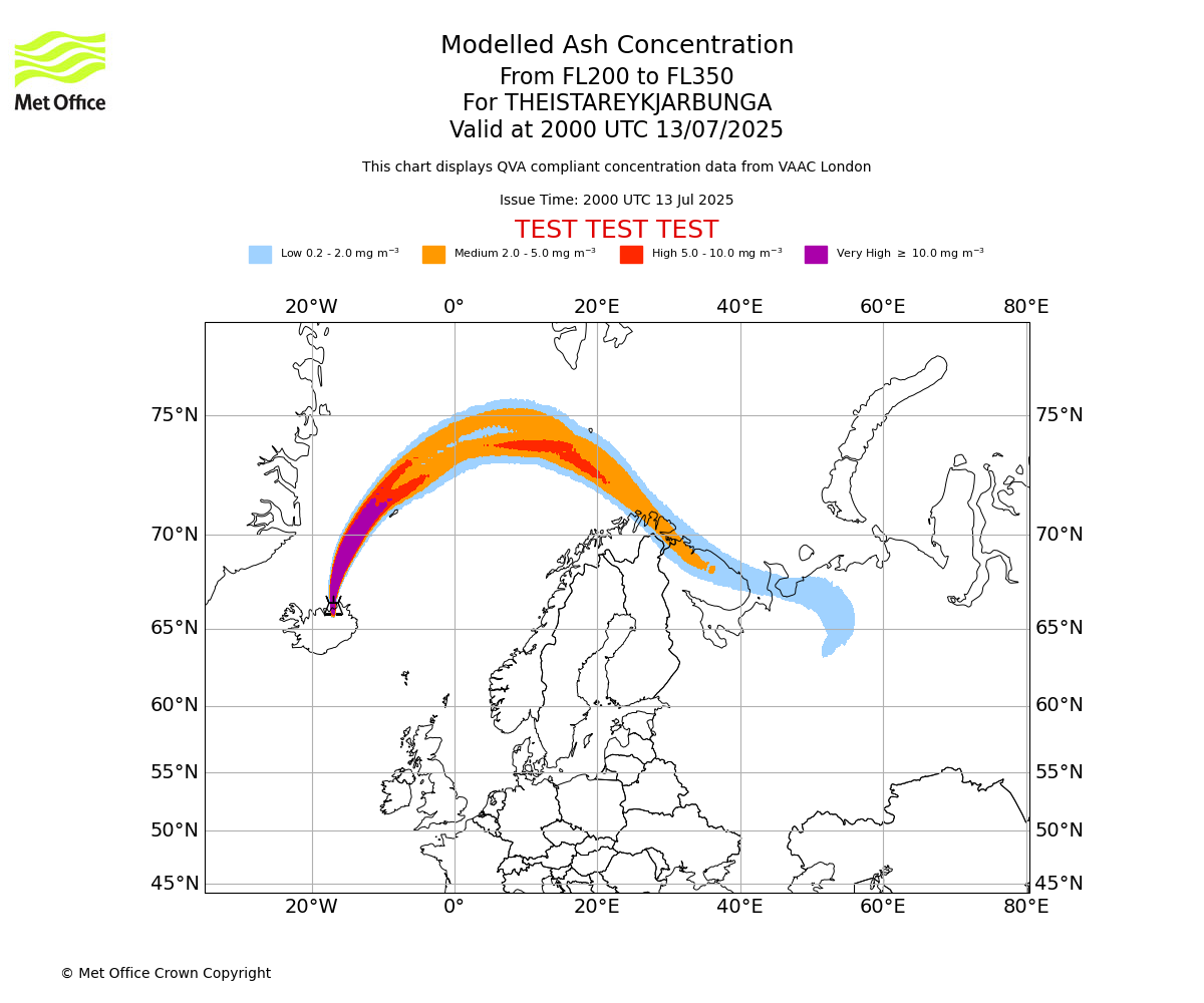 Modelled ash concentration from 200 to 350 for THEISTAREYKJARBUNGA. Valid at 2000 UTC 13/07/2025