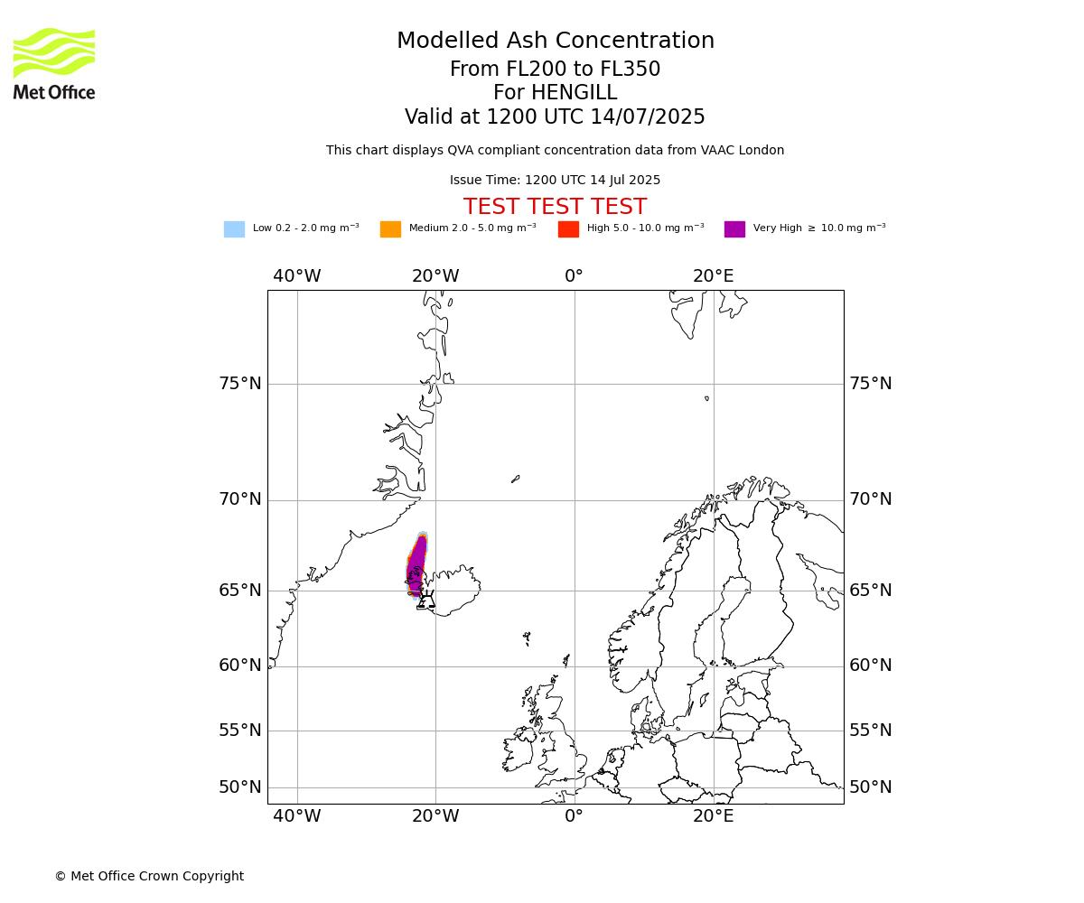 Modelled ash concentration from 200 to 350 for HENGILL. Valid at 1200 UTC 14/07/2025