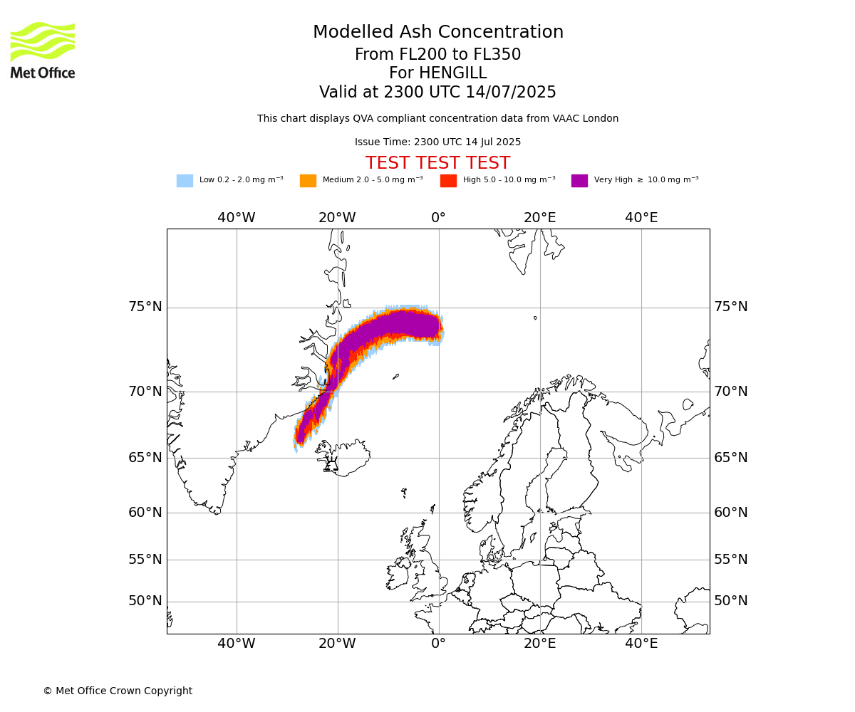 Modelled ash concentration from 200 to 350 for HENGILL. Valid at 2300 UTC 14/07/2025