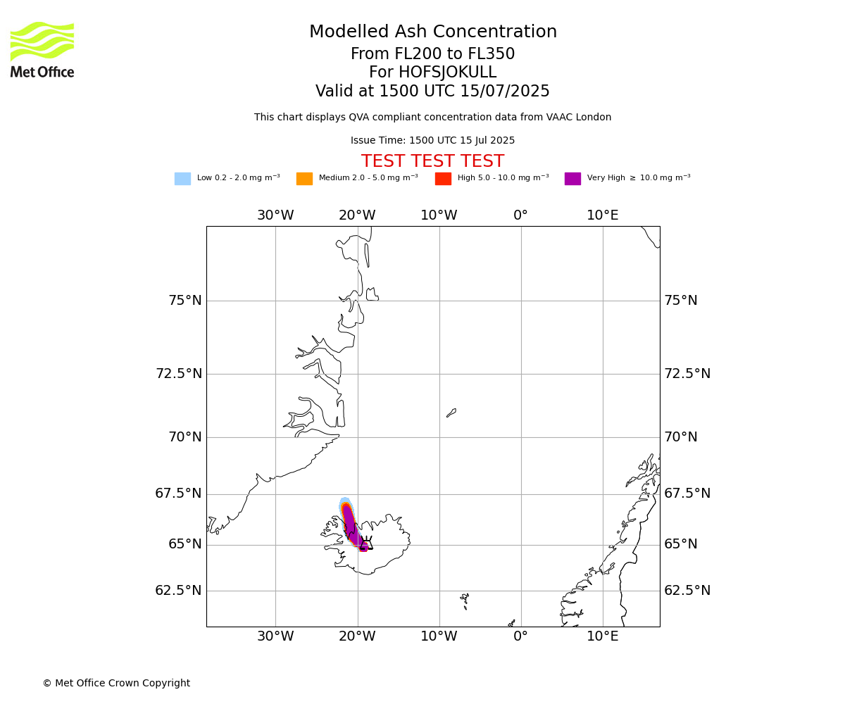 Modelled ash concentration from 200 to 350 for HOFSJOKULL. Valid at 1500 UTC 15/07/2025
