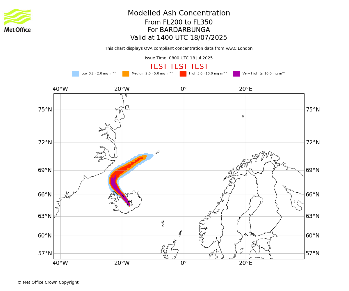 Modelled ash concentration from 200 to 350 for BARDARBUNGA. Valid at 1400 UTC 18/07/2025