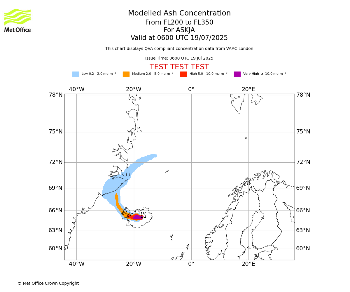Modelled ash concentration from 200 to 350 for ASKJA. Valid at 0600 UTC 19/07/2025