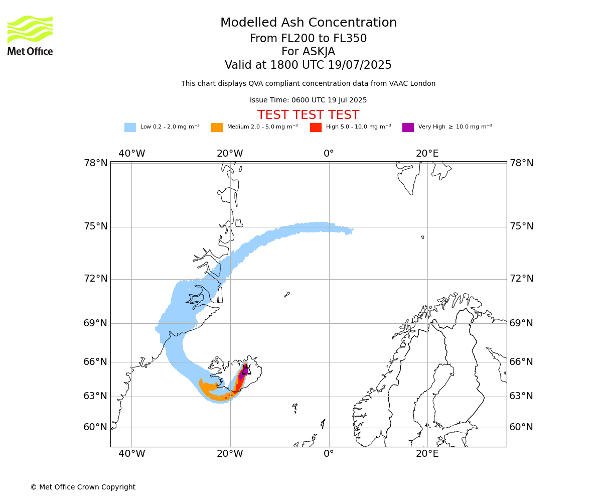 Modelled ash concentration from 200 to 350 for ASKJA. Valid at 1800 UTC 19/07/2025