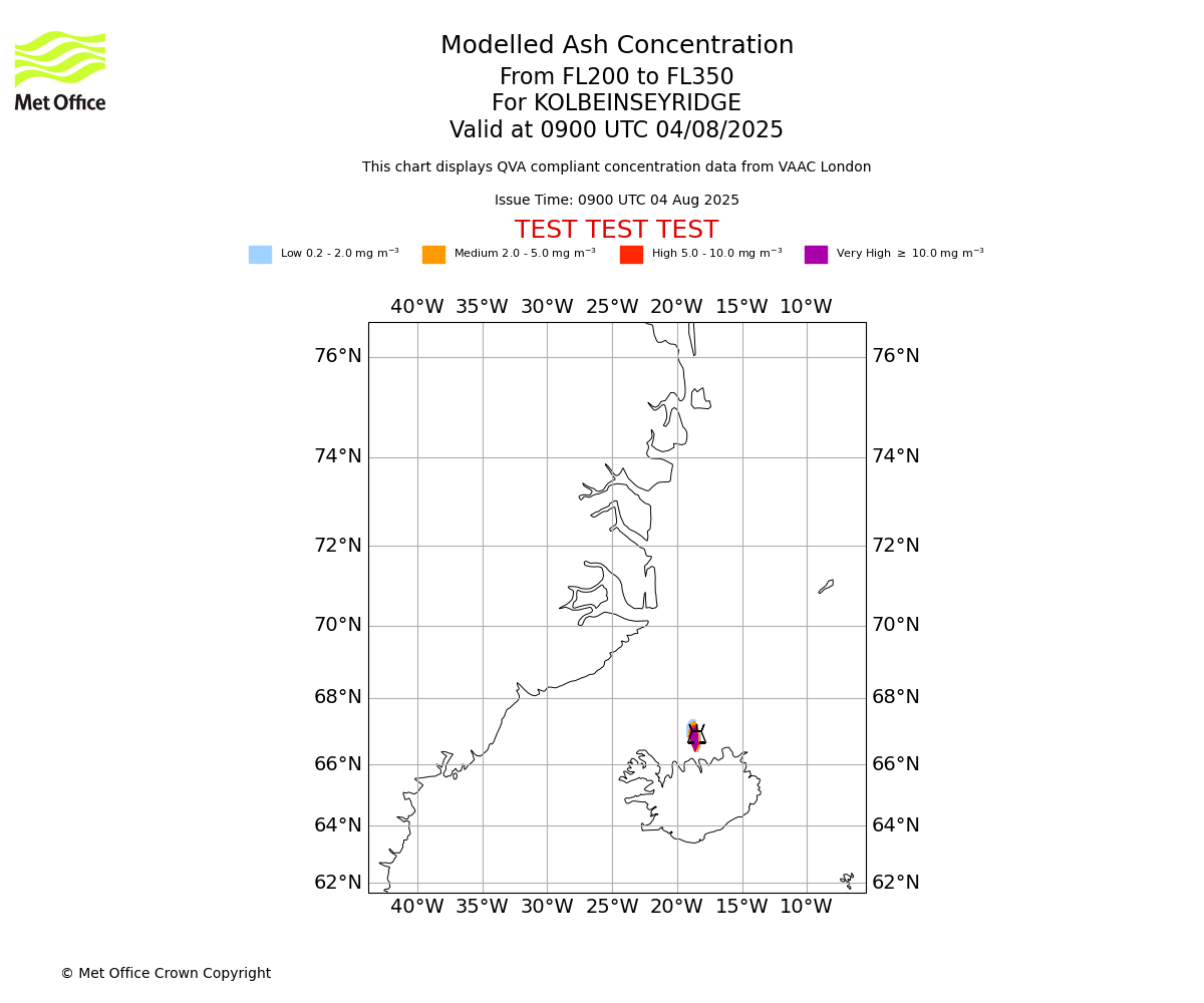 Modelled ash concentration from 200 to 350 for KOLBEINSEYRIDGE. Valid at 0900 UTC 04/08/2025