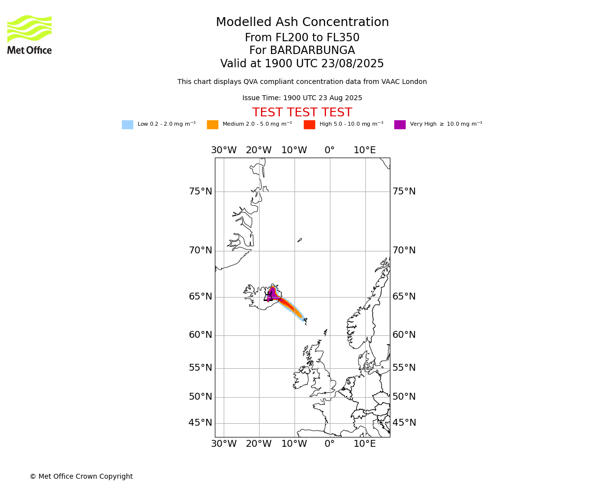 Modelled ash concentration from 200 to 350 for BARDARBUNGA. Valid at 1900 UTC 23/08/2025