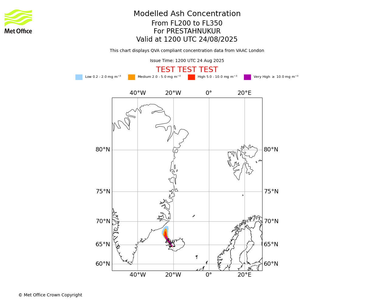 Modelled ash concentration from 200 to 350 for PRESTAHNUKUR. Valid at 1200 UTC 24/08/2025