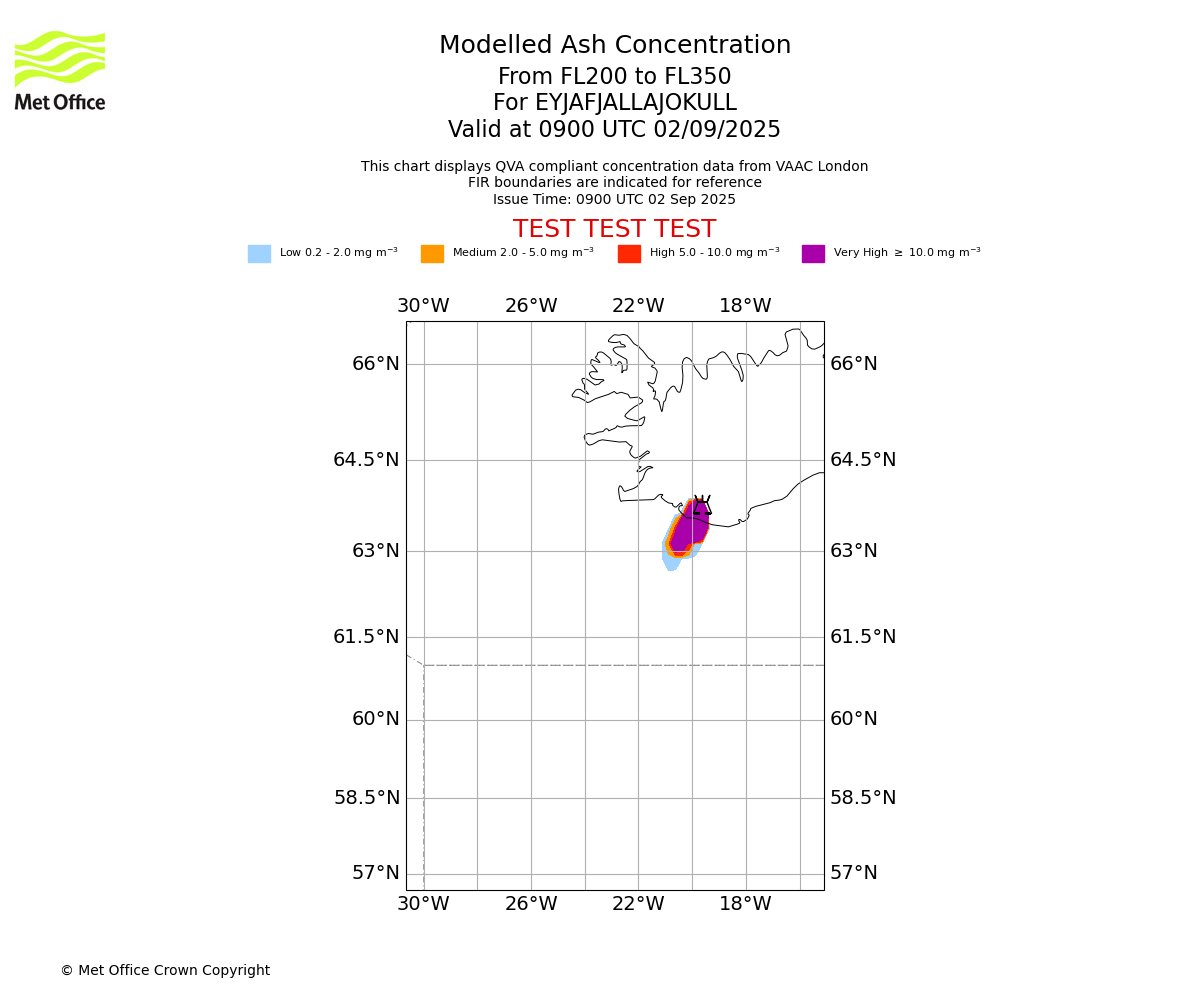 Modelled ash concentration from 200 to 350 for EYJAFJALLAJOKULL. Valid at 0900 UTC 02/09/2025