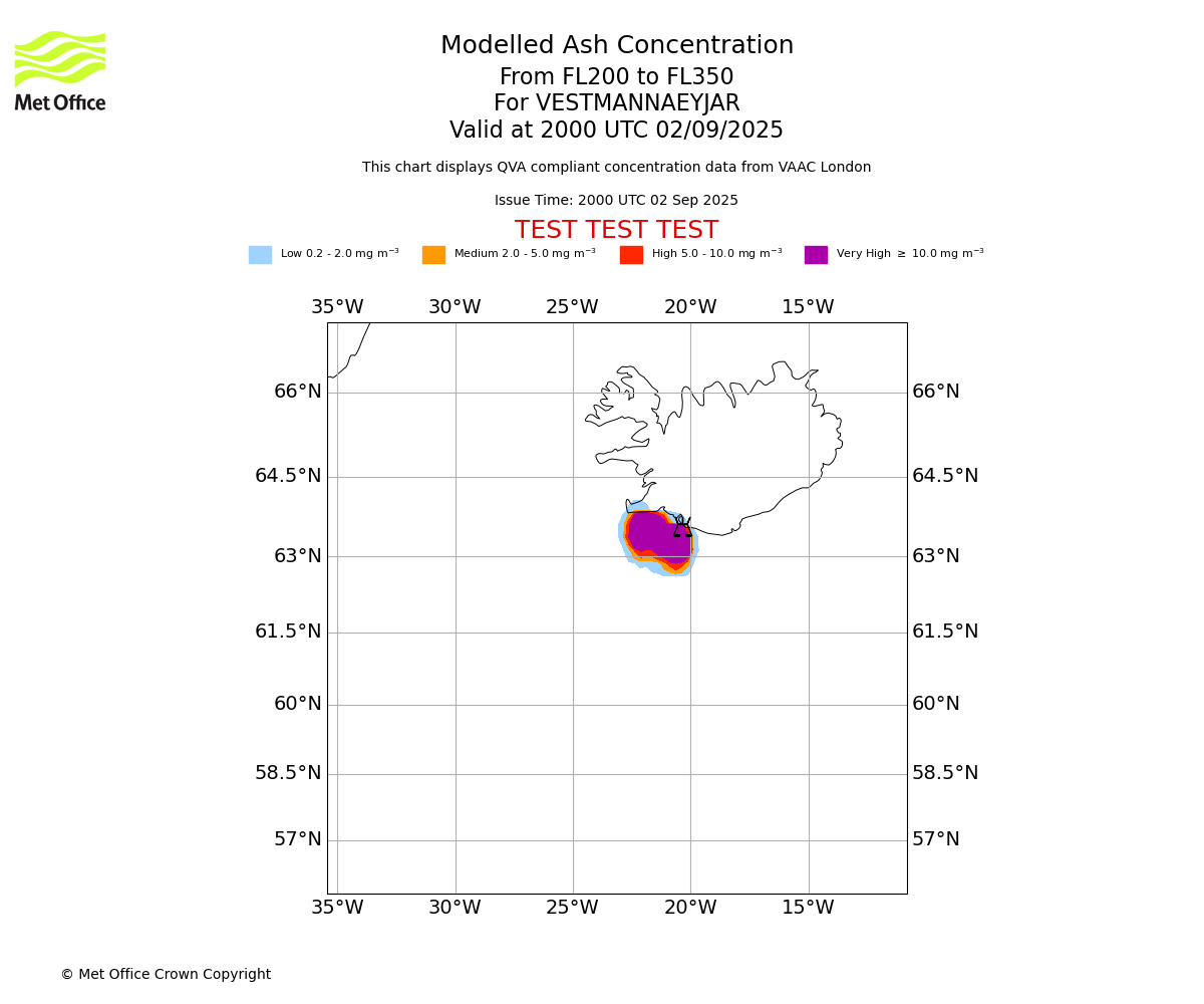 Modelled ash concentration from 200 to 350 for VESTMANNAEYJAR. Valid at 2000 UTC 02/09/2025