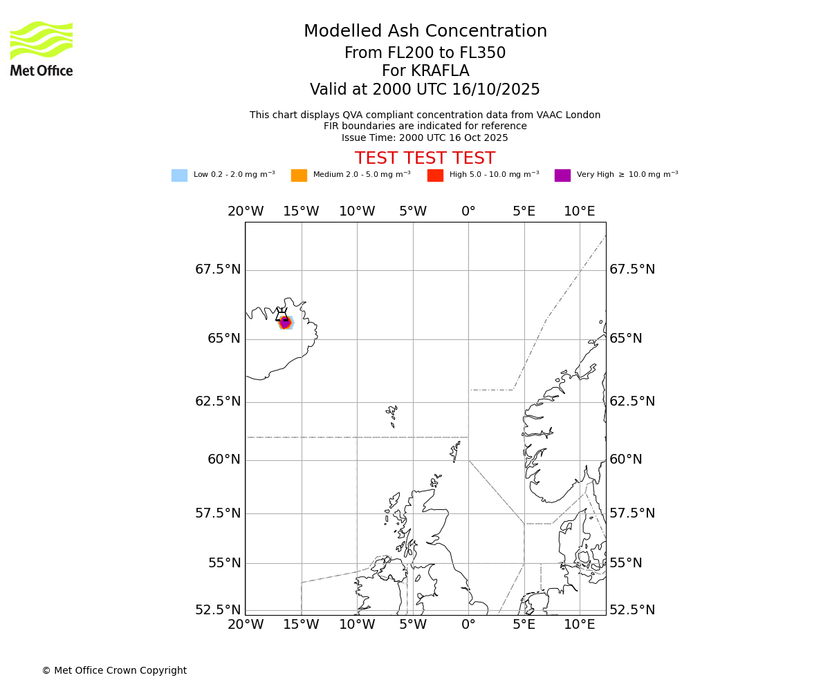 Modelled ash concentration from 200 to 350 for KRAFLA. Valid at 2000 UTC 16/10/2025