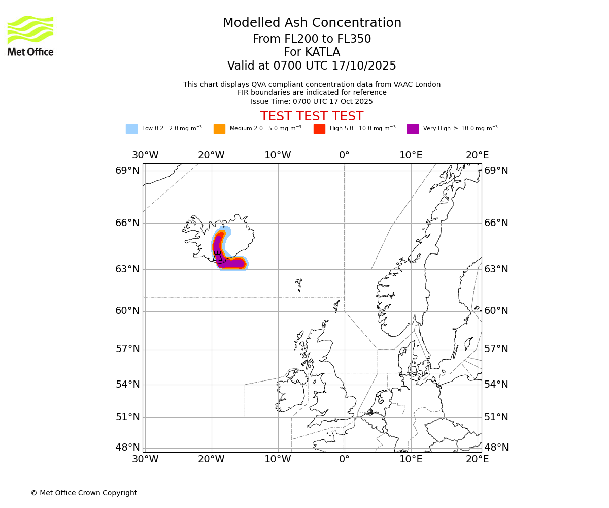 Modelled ash concentration from 200 to 350 for KATLA. Valid at 0700 UTC 17/10/2025