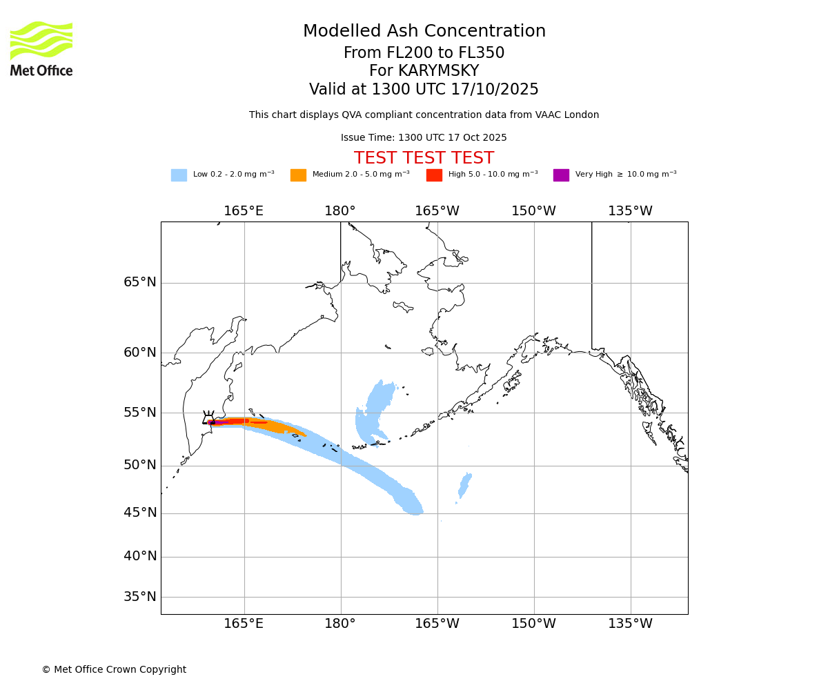 Modelled ash concentration from 200 to 350 for KARYMSKY. Valid at 1300 UTC 17/10/2025