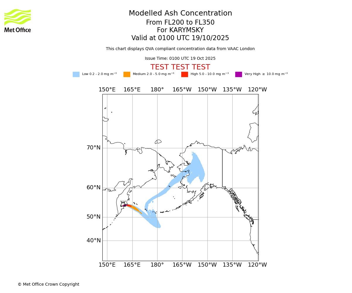 Modelled ash concentration from 200 to 350 for KARYMSKY. Valid at 0100 UTC 19/10/2025