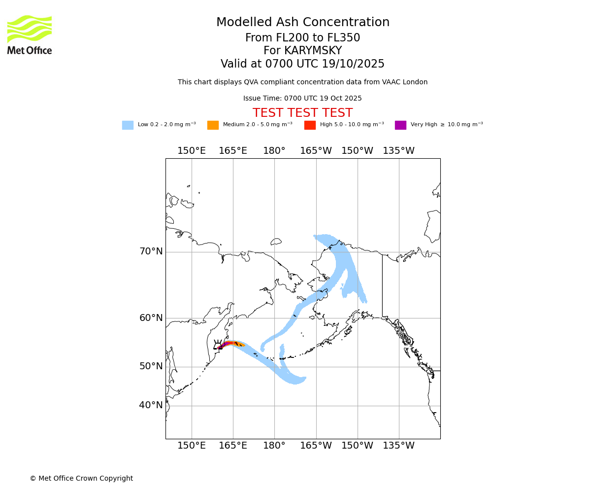 Modelled ash concentration from 200 to 350 for KARYMSKY. Valid at 0700 UTC 19/10/2025