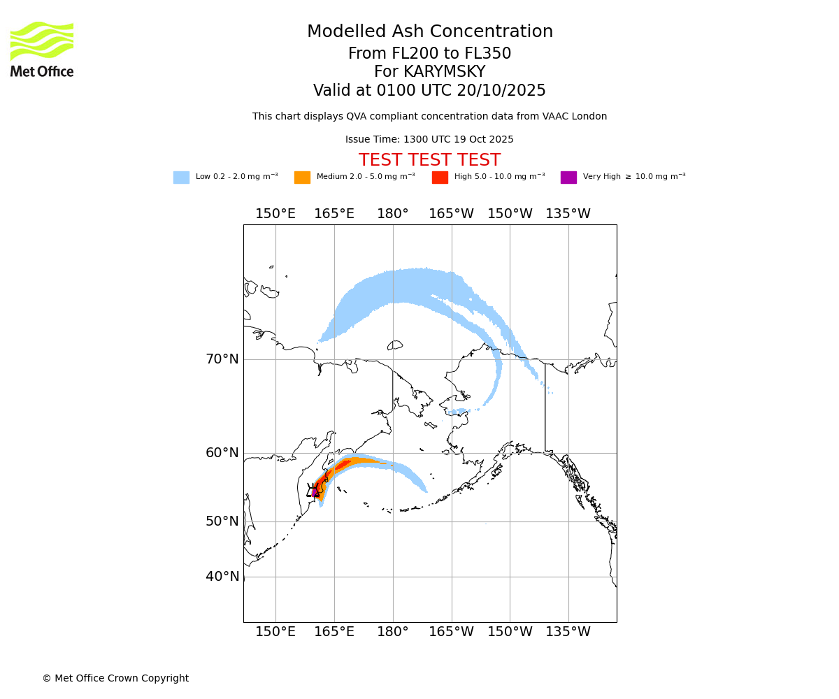 Modelled ash concentration from 200 to 350 for KARYMSKY. Valid at 0100 UTC 20/10/2025