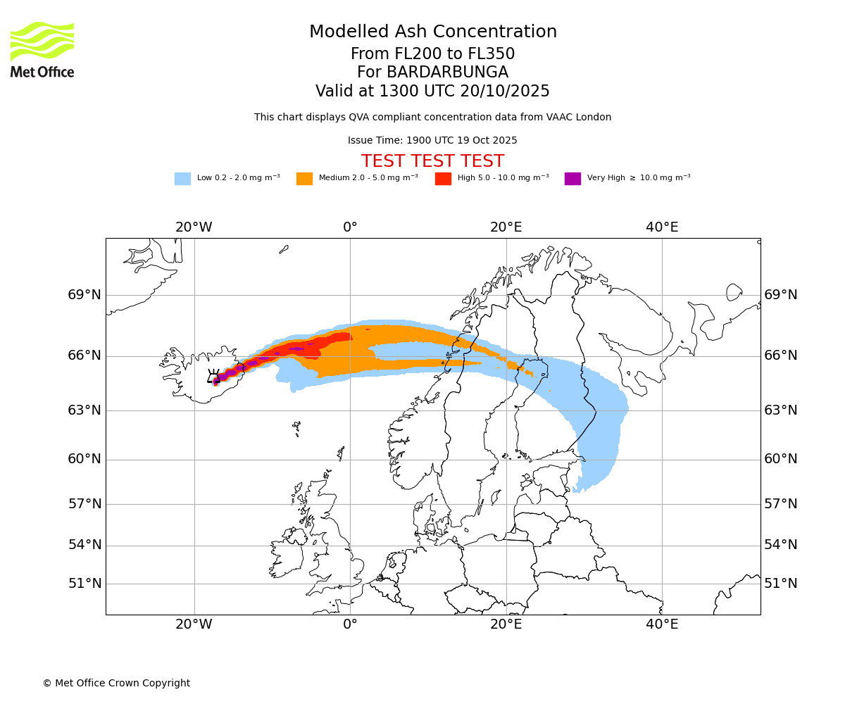 Modelled ash concentration from 200 to 350 for BARDARBUNGA. Valid at 1300 UTC 20/10/2025
