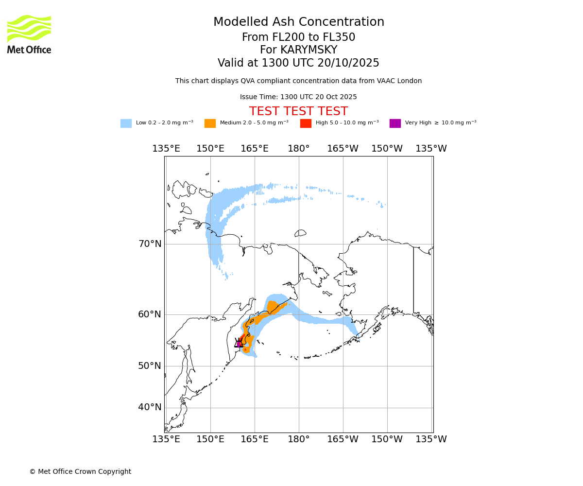 Modelled ash concentration from 200 to 350 for KARYMSKY. Valid at 1300 UTC 20/10/2025