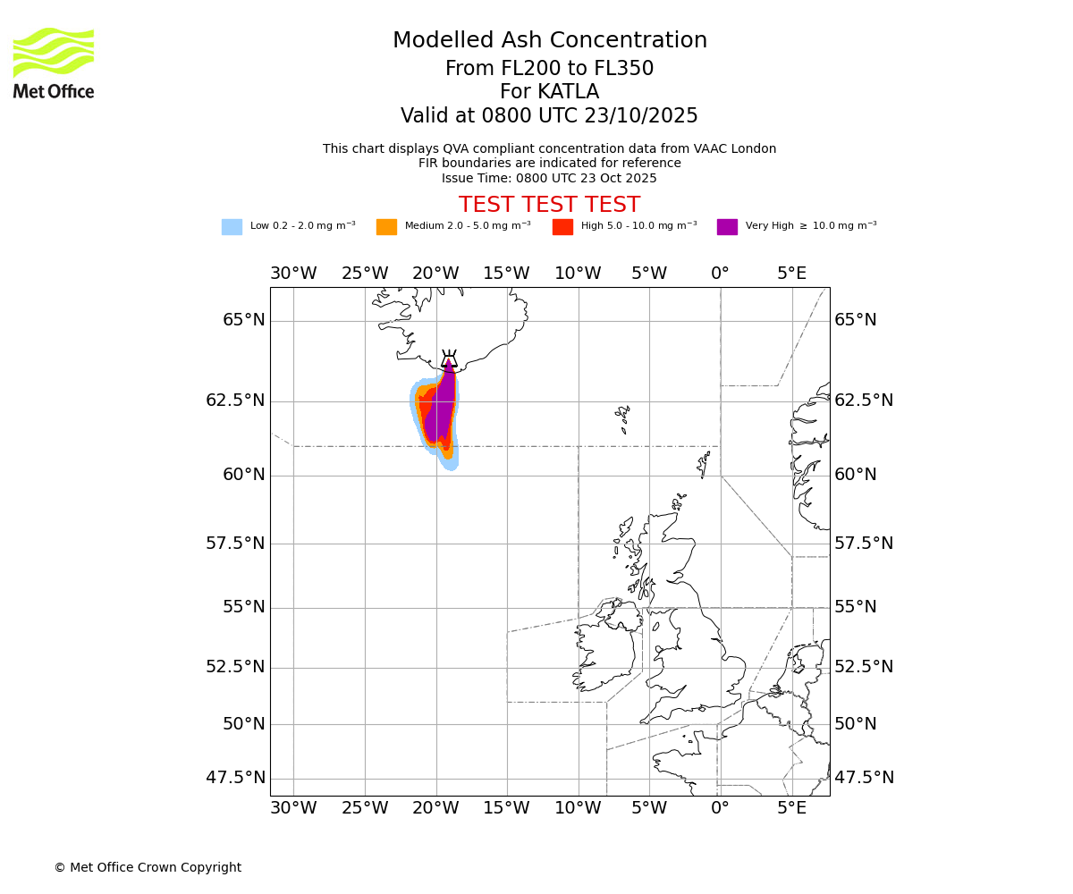 Modelled ash concentration from 200 to 350 for KATLA. Valid at 0800 UTC 23/10/2025
