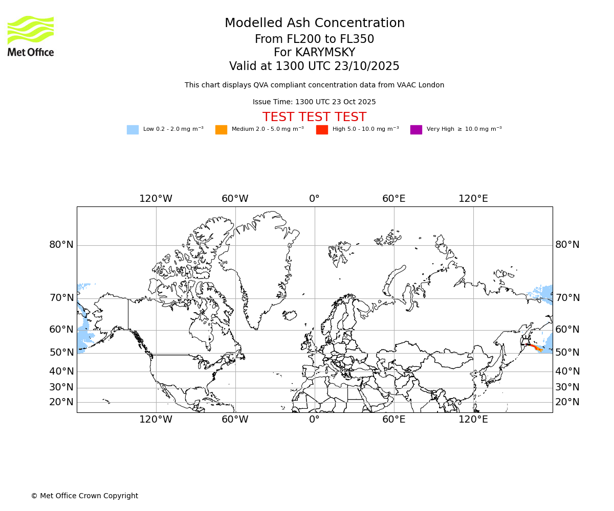 Modelled ash concentration from 200 to 350 for KARYMSKY. Valid at 1300 UTC 23/10/2025