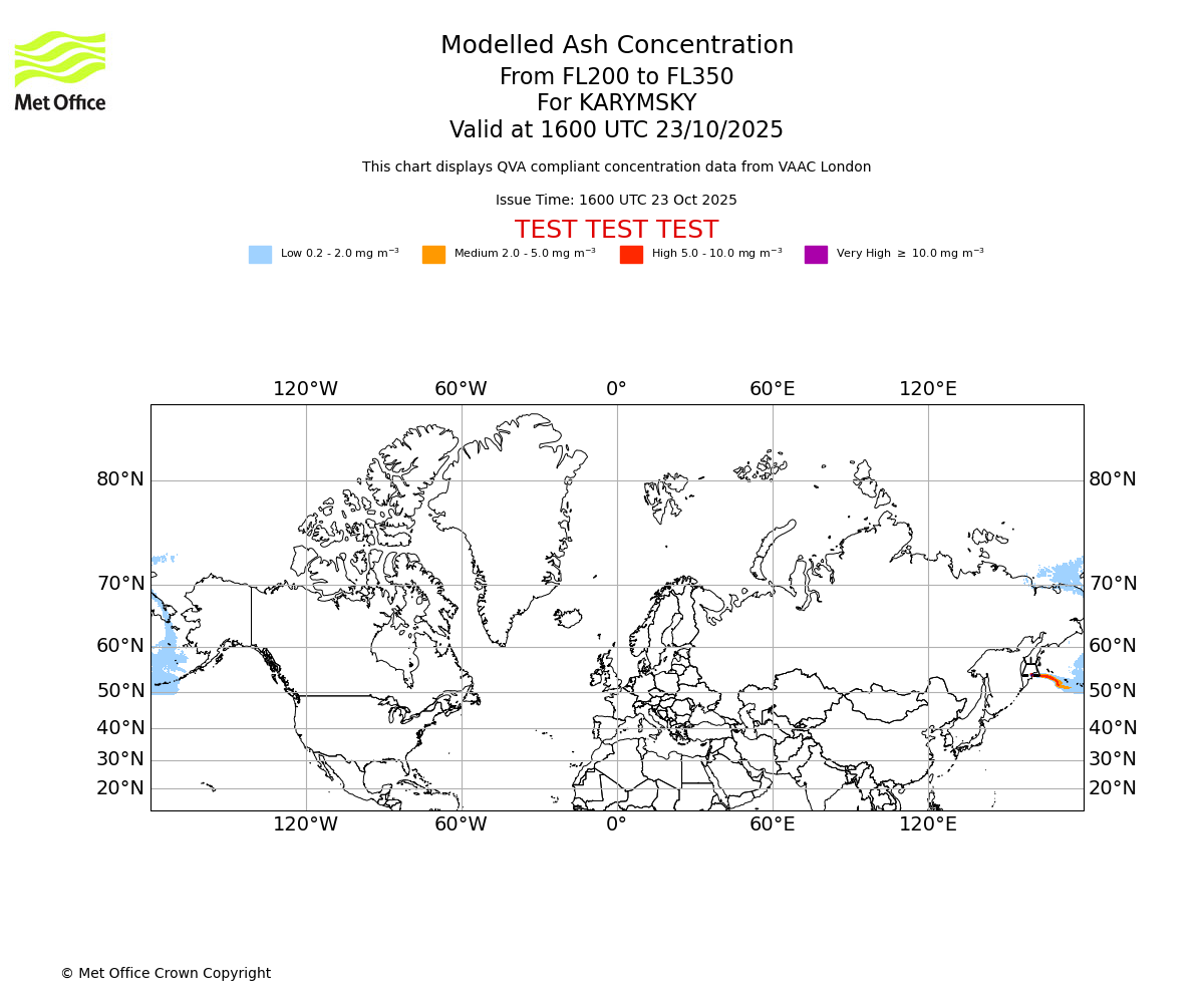 Modelled ash concentration from 200 to 350 for KARYMSKY. Valid at 1600 UTC 23/10/2025