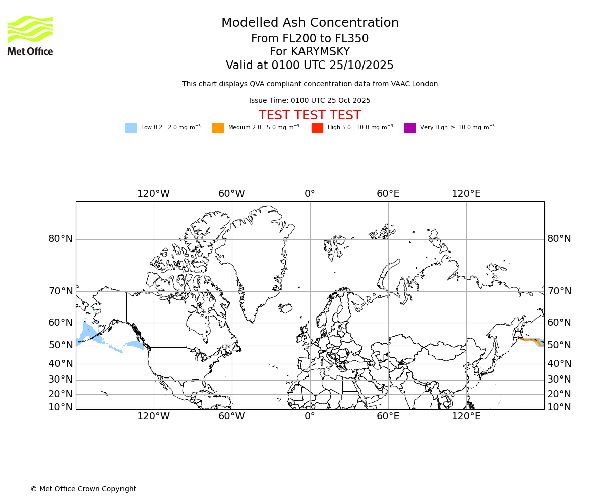 Modelled ash concentration from 200 to 350 for KARYMSKY. Valid at 0100 UTC 25/10/2025