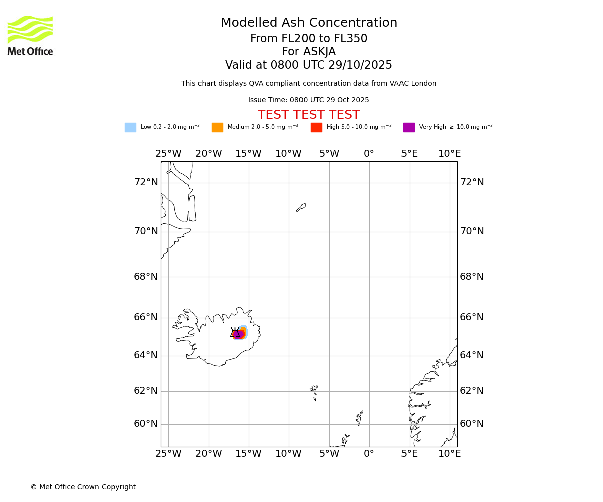 Modelled ash concentration from 200 to 350 for ASKJA. Valid at 0800 UTC 29/10/2025