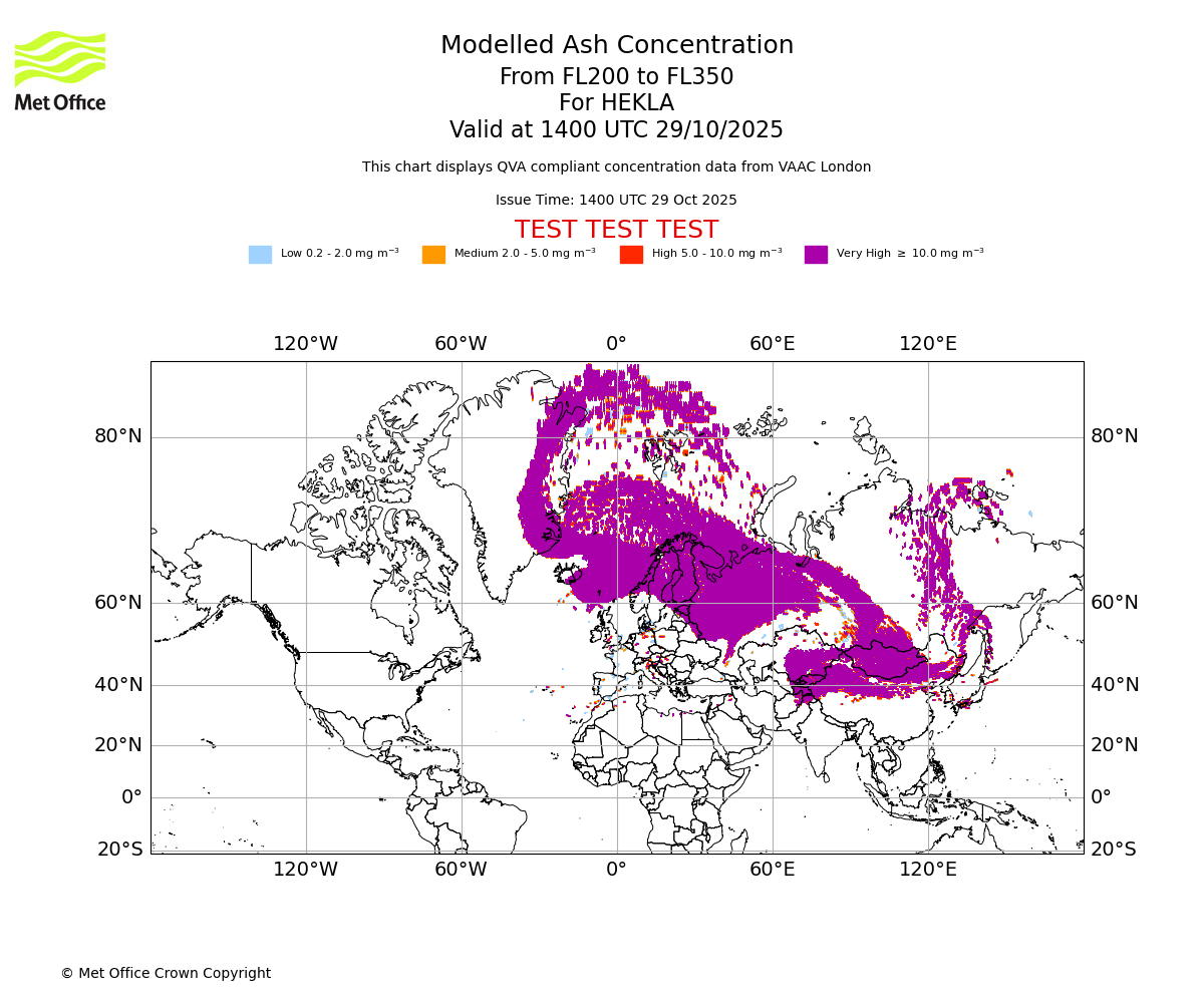 Modelled ash concentration from 200 to 350 for HEKLA. Valid at 1400 UTC 29/10/2025