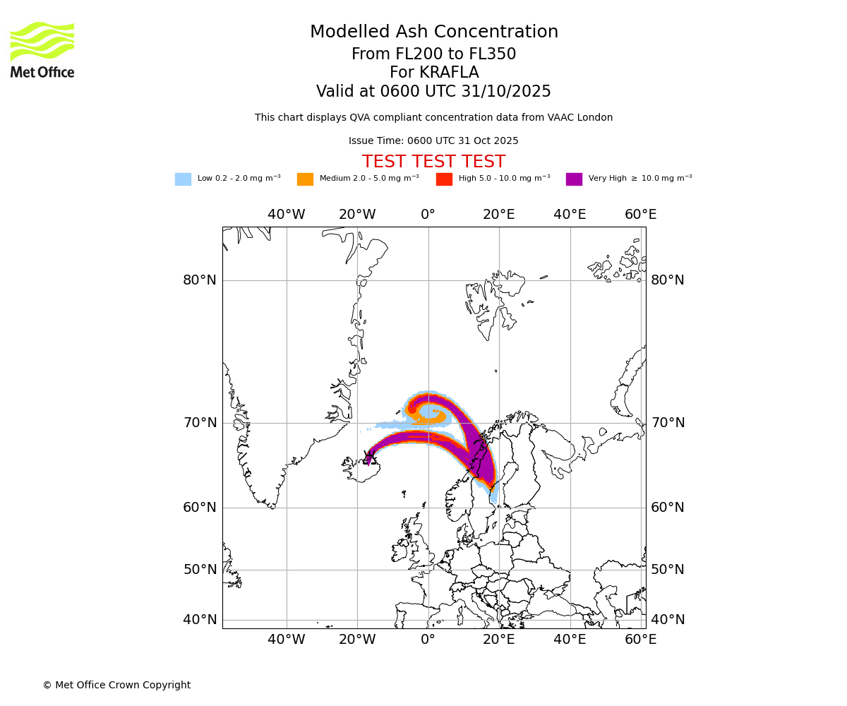 Modelled ash concentration from 200 to 350 for KRAFLA. Valid at 0600 UTC 31/10/2025