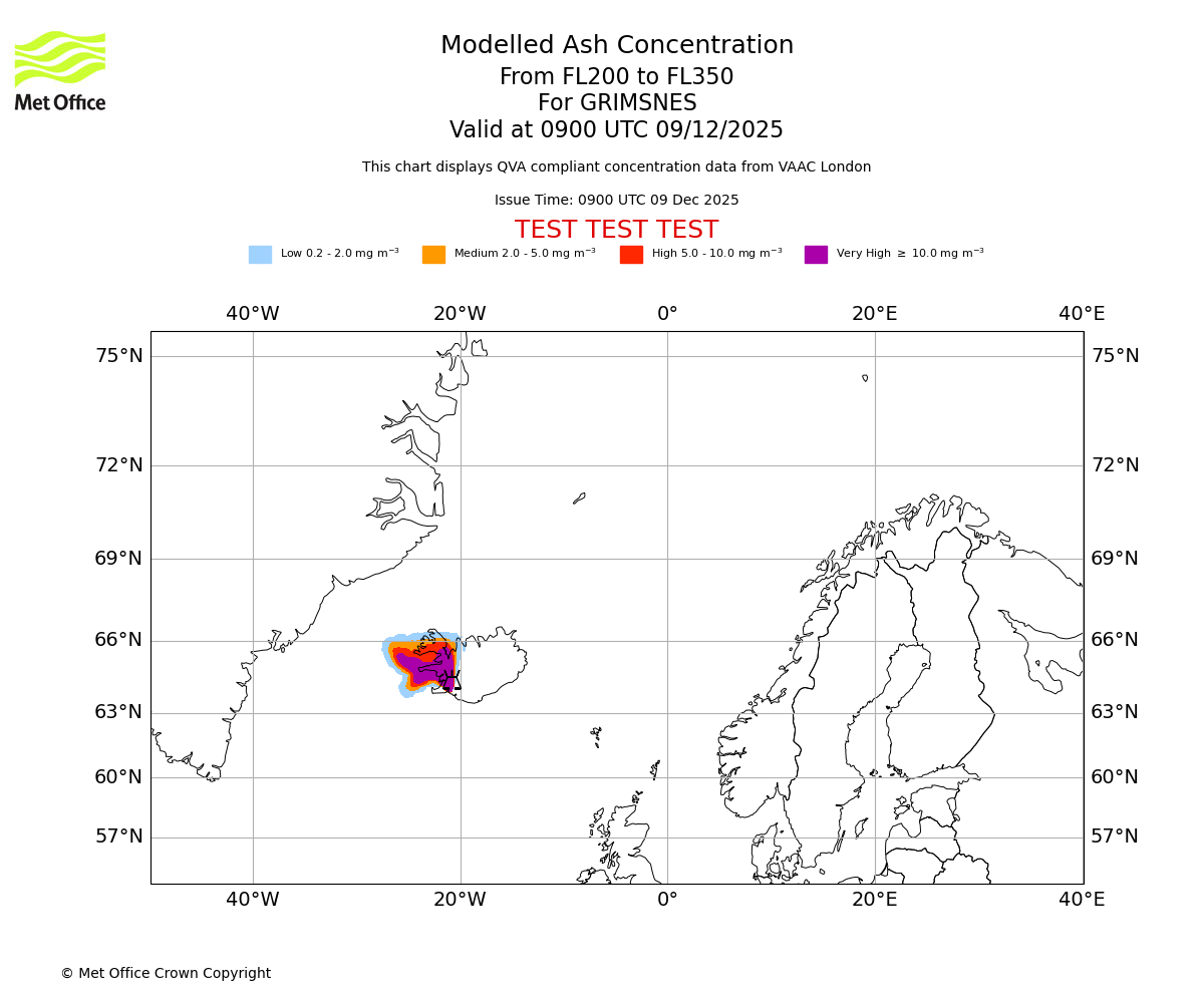 Modelled ash concentration from 200 to 350 for GRIMSNES. Valid at 0900 UTC 09/12/2025
