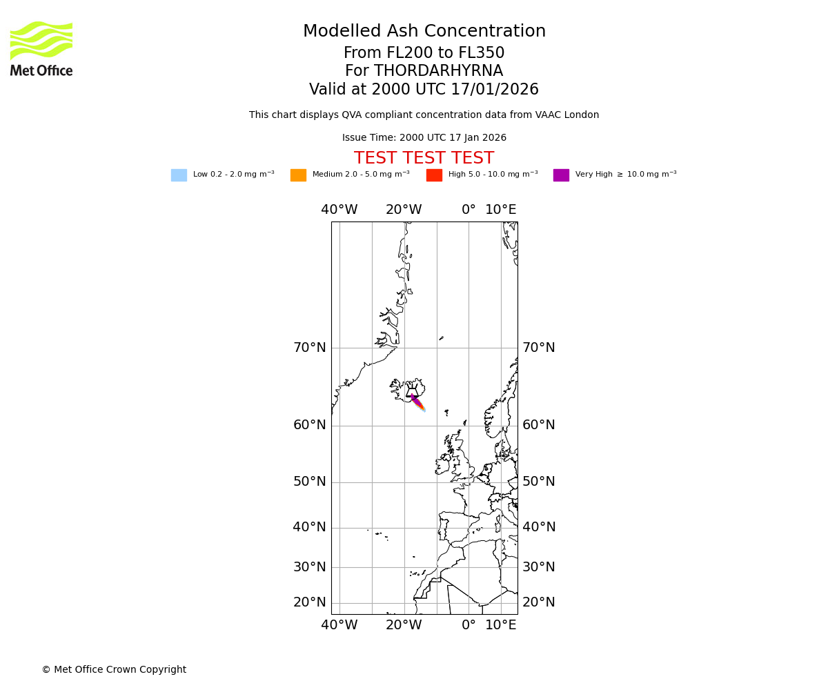 Modelled ash concentration from 200 to 350 for THORDARHYRNA. Valid at 2000 UTC 17/01/2026