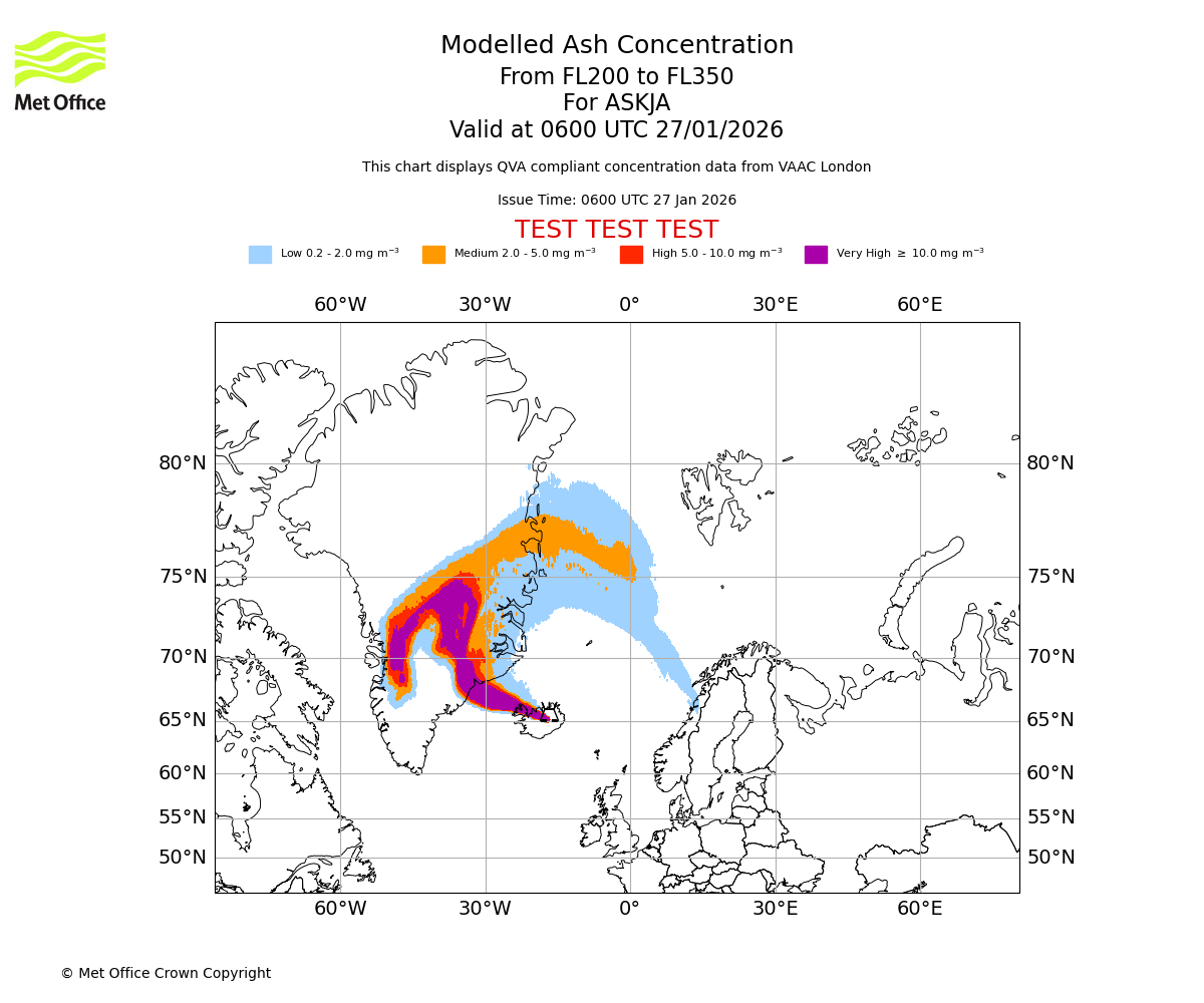 Modelled ash concentration from 200 to 350 for ASKJA. Valid at 0600 UTC 27/01/2026
