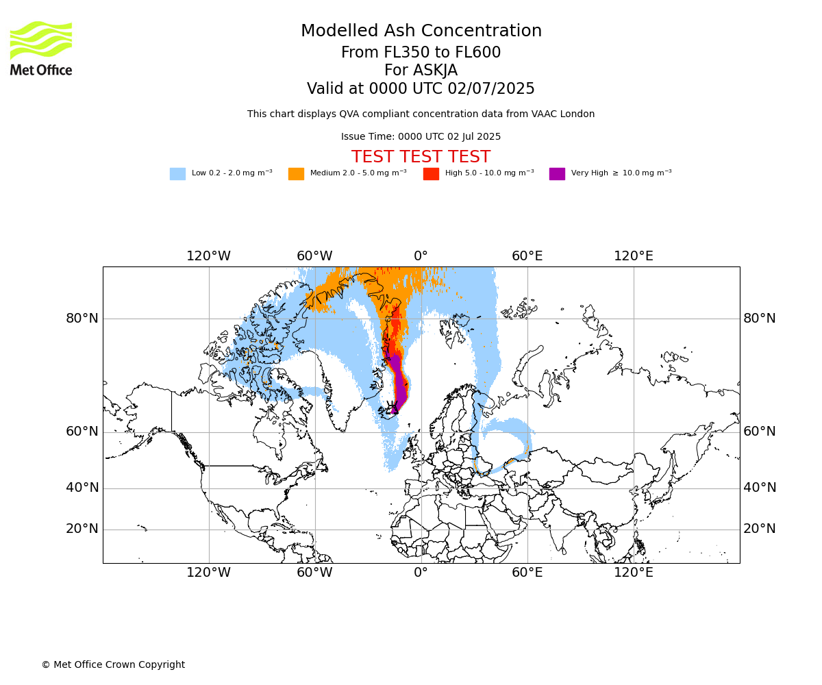 Modelled ash concentration from 350 to 600 for ASKJA. Valid at 0000 UTC 02/07/2025