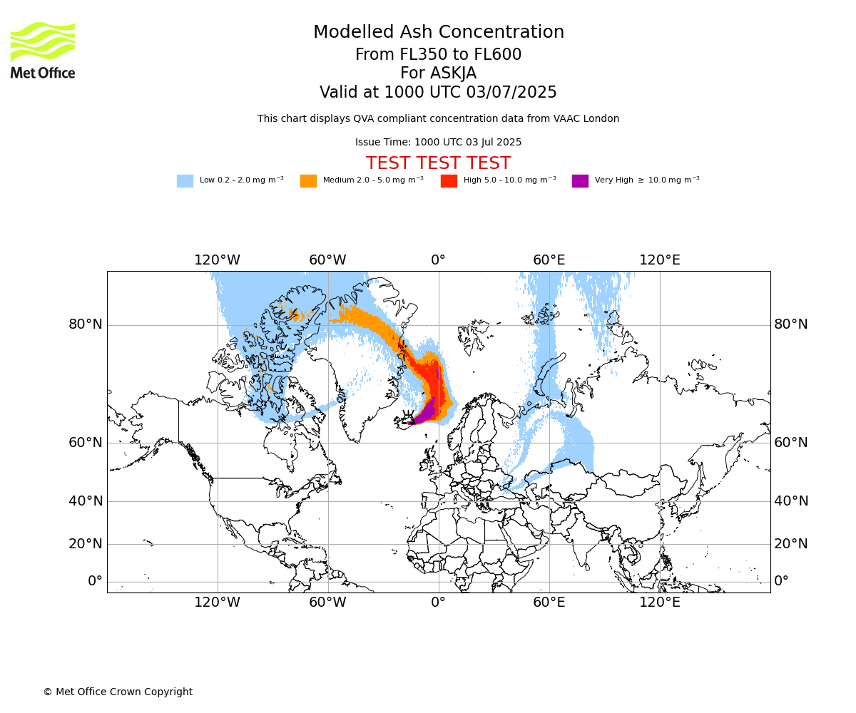 Modelled ash concentration from 350 to 600 for ASKJA. Valid at 1000 UTC 03/07/2025