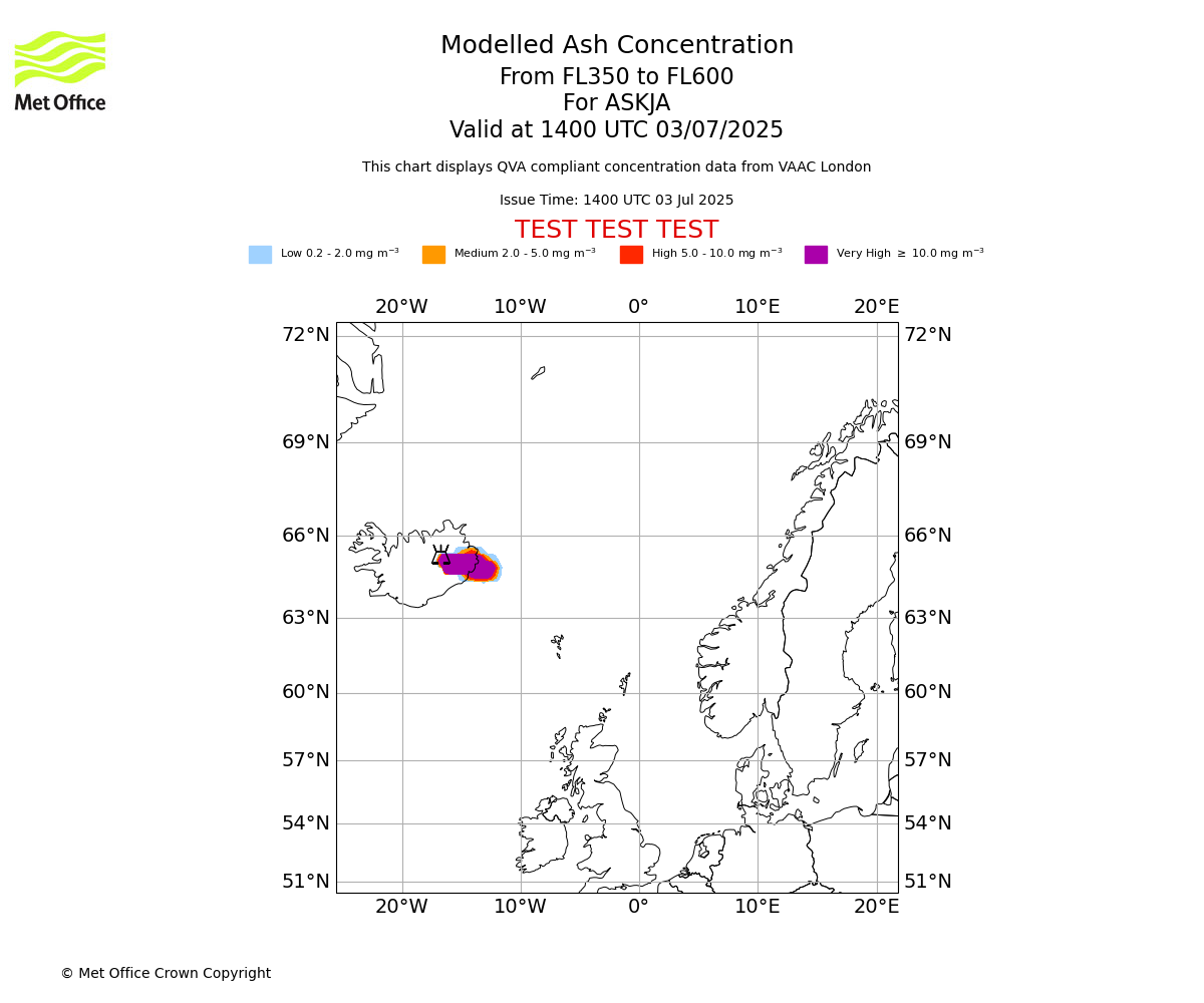 Modelled ash concentration from 350 to 600 for ASKJA. Valid at 1400 UTC 03/07/2025