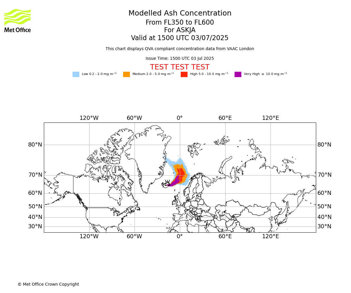 Modelled ash concentration from 350 to 600 for ASKJA. Valid at 1500 UTC 03/07/2025