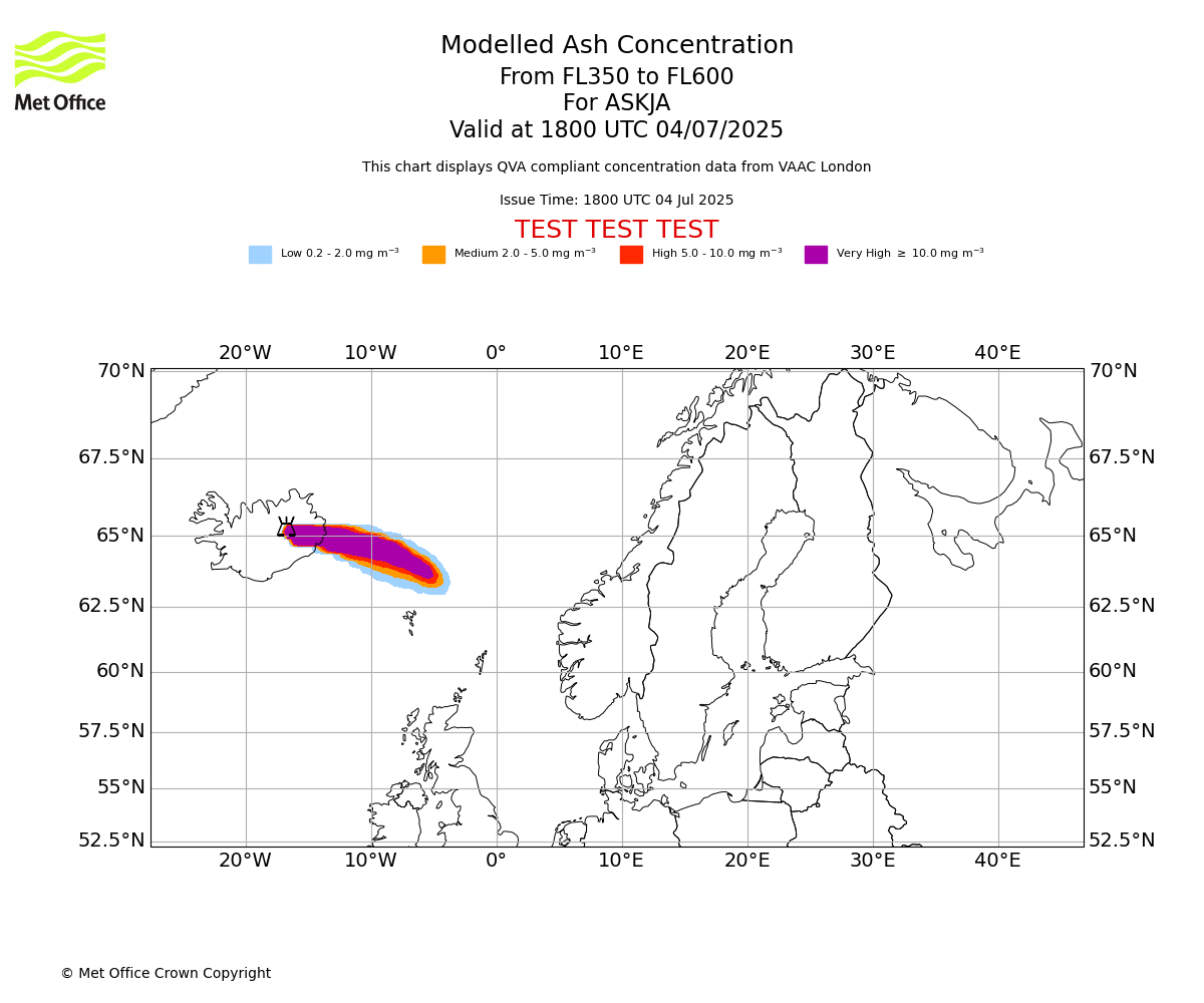 Modelled ash concentration from 350 to 600 for ASKJA. Valid at 1800 UTC 04/07/2025