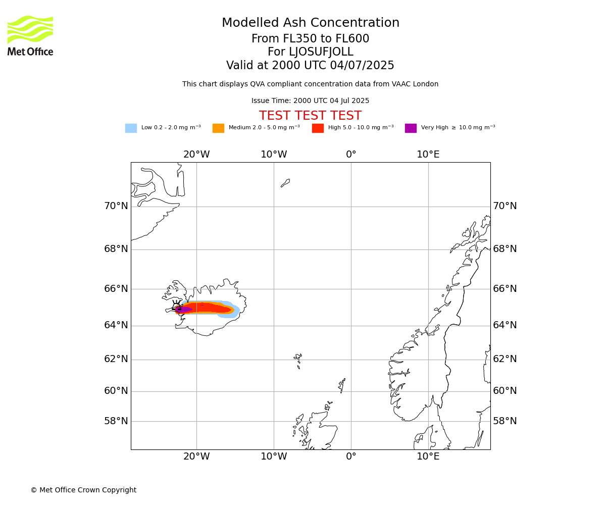 Modelled ash concentration from 350 to 600 for LJOSUFJOLL. Valid at 2000 UTC 04/07/2025