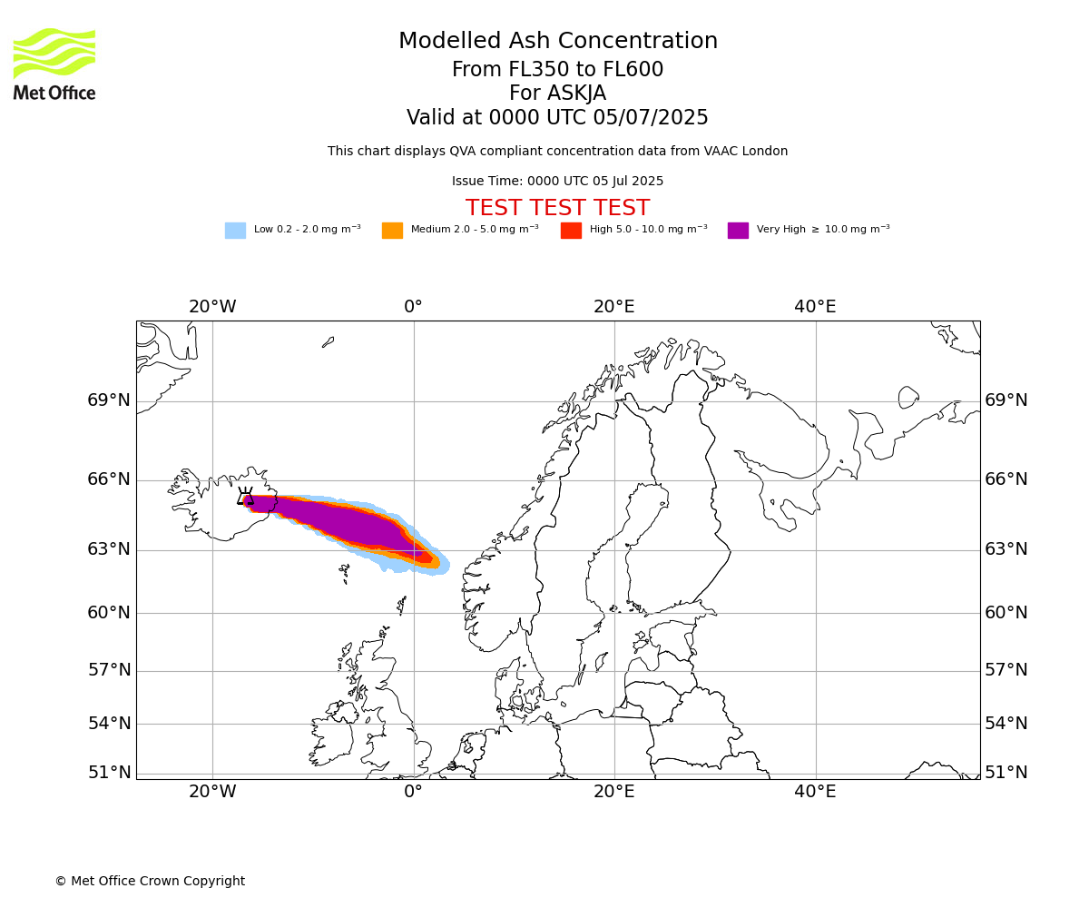 Modelled ash concentration from 350 to 600 for ASKJA. Valid at 0000 UTC 05/07/2025