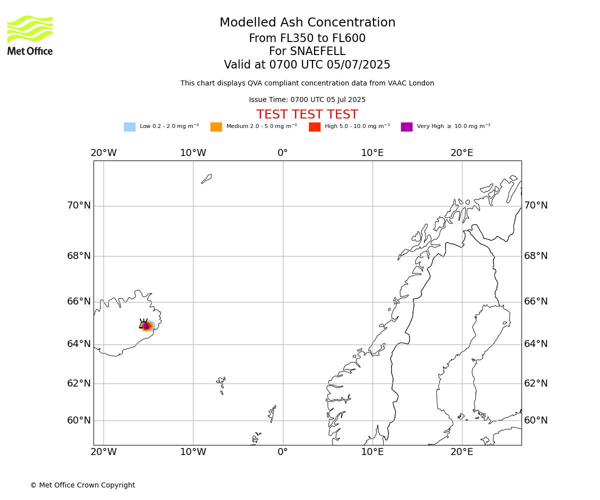 Modelled ash concentration from 350 to 600 for SNAEFELL. Valid at 0700 UTC 05/07/2025