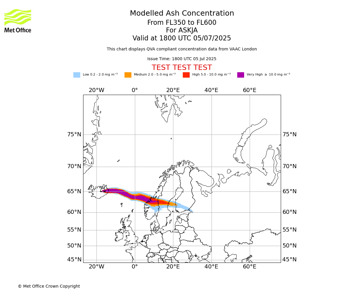 Modelled ash concentration from 350 to 600 for ASKJA. Valid at 1800 UTC 05/07/2025