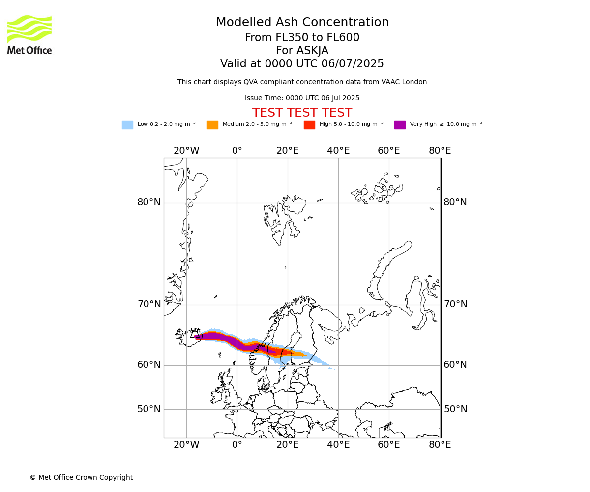 Modelled ash concentration from 350 to 600 for ASKJA. Valid at 0000 UTC 06/07/2025