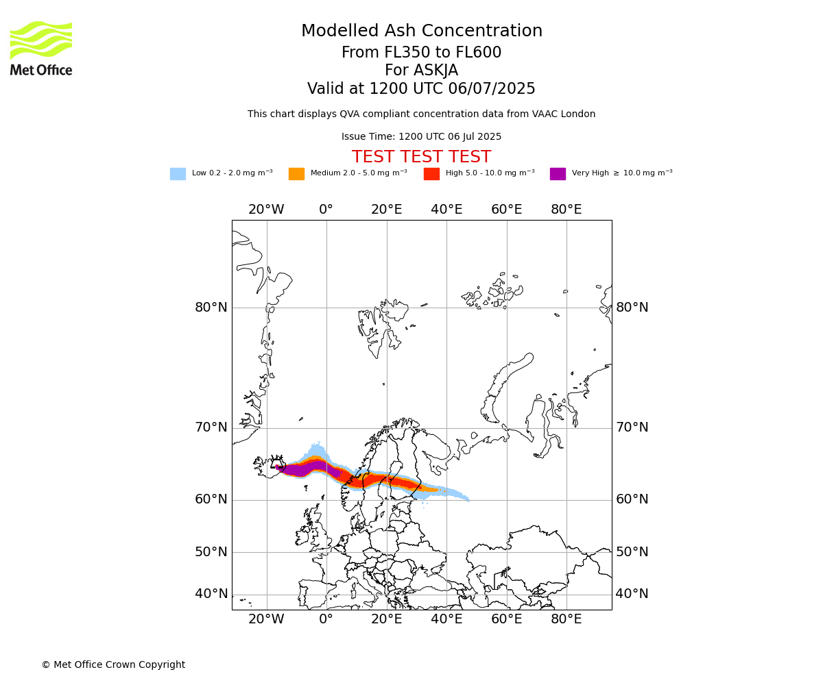 Modelled ash concentration from 350 to 600 for ASKJA. Valid at 1200 UTC 06/07/2025