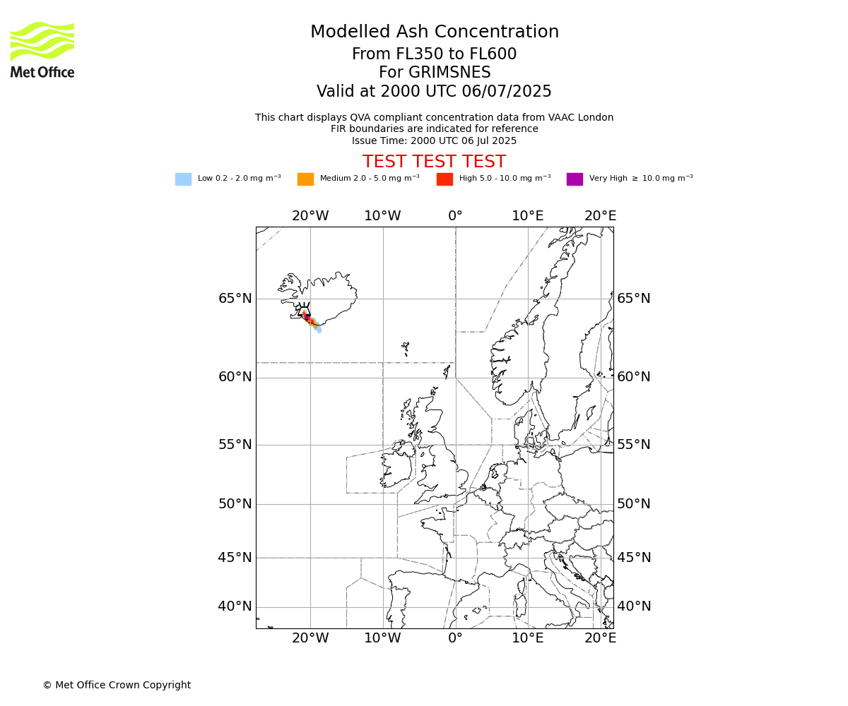 Modelled ash concentration from 350 to 600 for GRIMSNES. Valid at 2000 UTC 06/07/2025