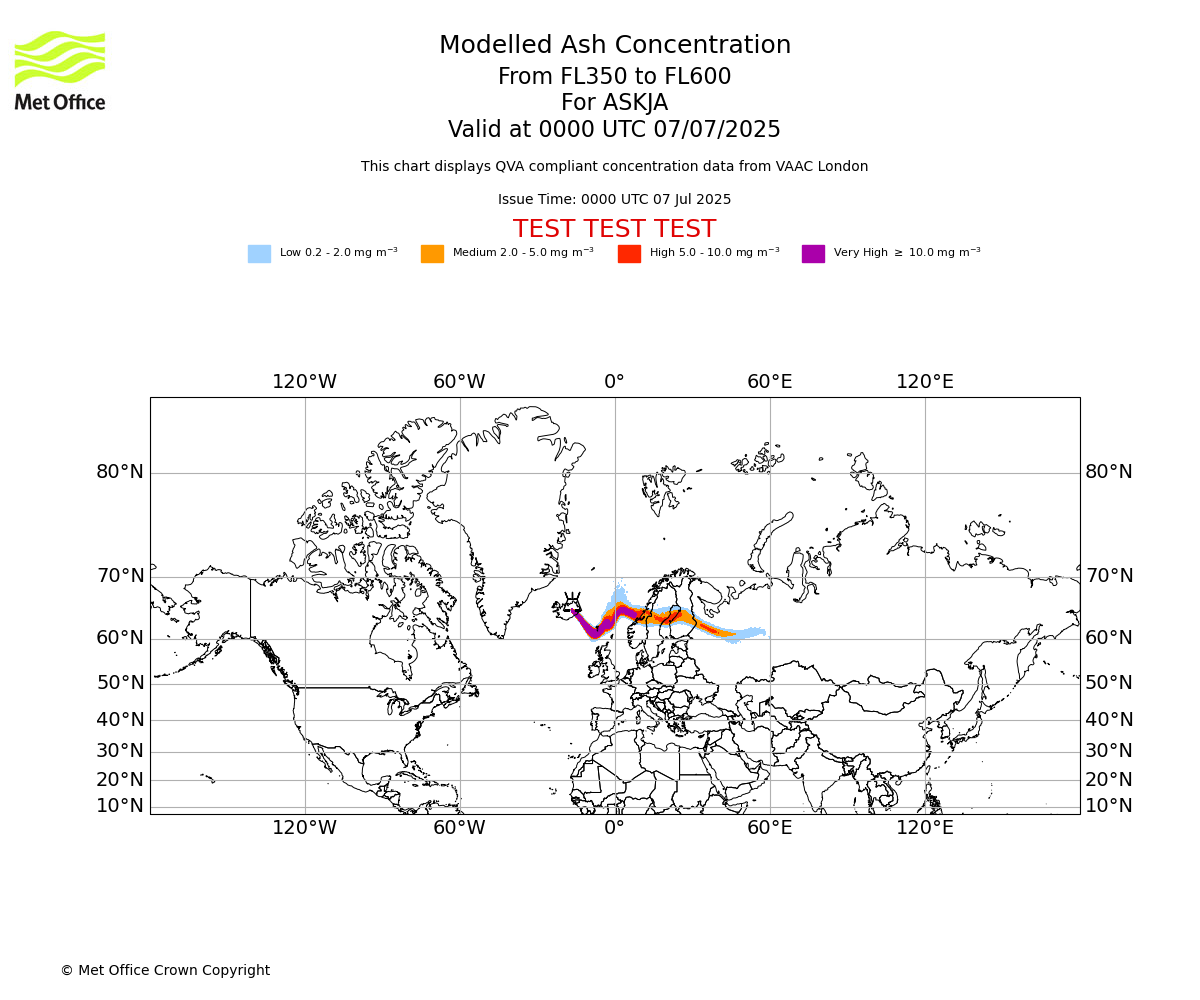 Modelled ash concentration from 350 to 600 for ASKJA. Valid at 0000 UTC 07/07/2025