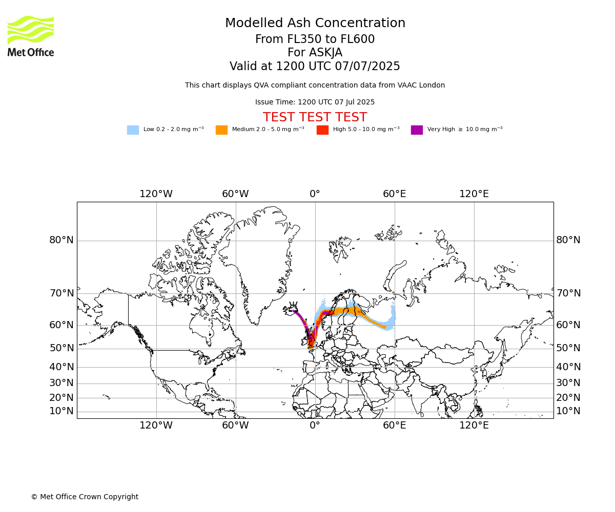 Modelled ash concentration from 350 to 600 for ASKJA. Valid at 1200 UTC 07/07/2025