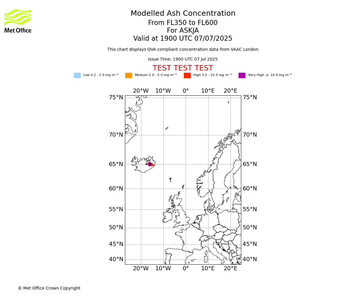 Modelled ash concentration from 350 to 600 for ASKJA. Valid at 1900 UTC 07/07/2025
