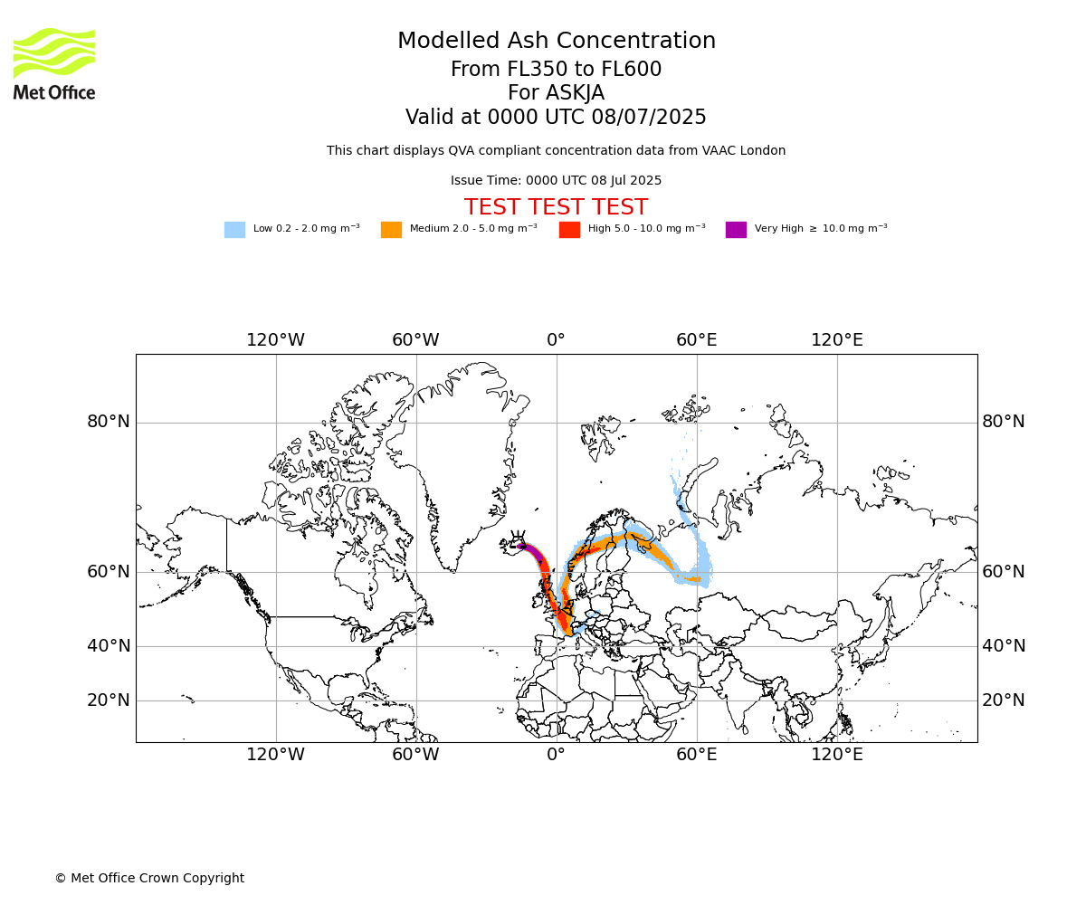Modelled ash concentration from 350 to 600 for ASKJA. Valid at 0000 UTC 08/07/2025
