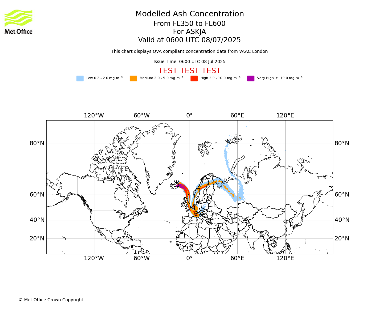 Modelled ash concentration from 350 to 600 for ASKJA. Valid at 0600 UTC 08/07/2025