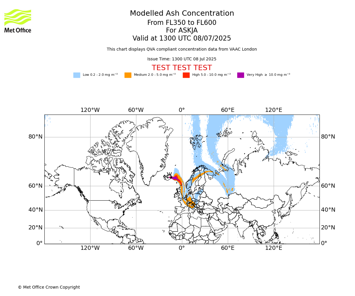 Modelled ash concentration from 350 to 600 for ASKJA. Valid at 1300 UTC 08/07/2025